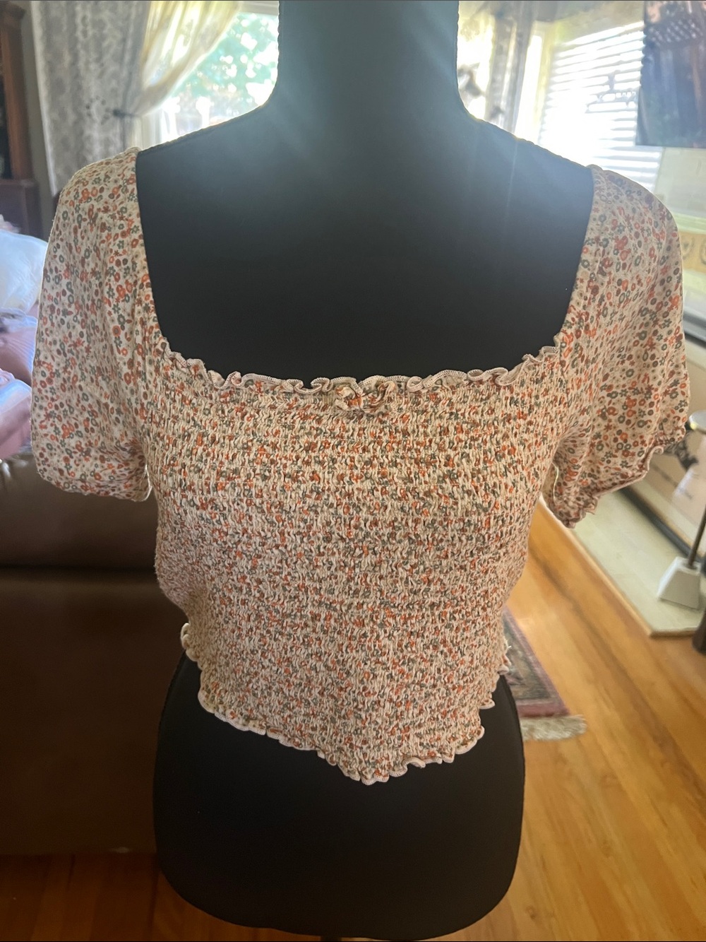 Smocked Floral Crop Top in Cream and Orange